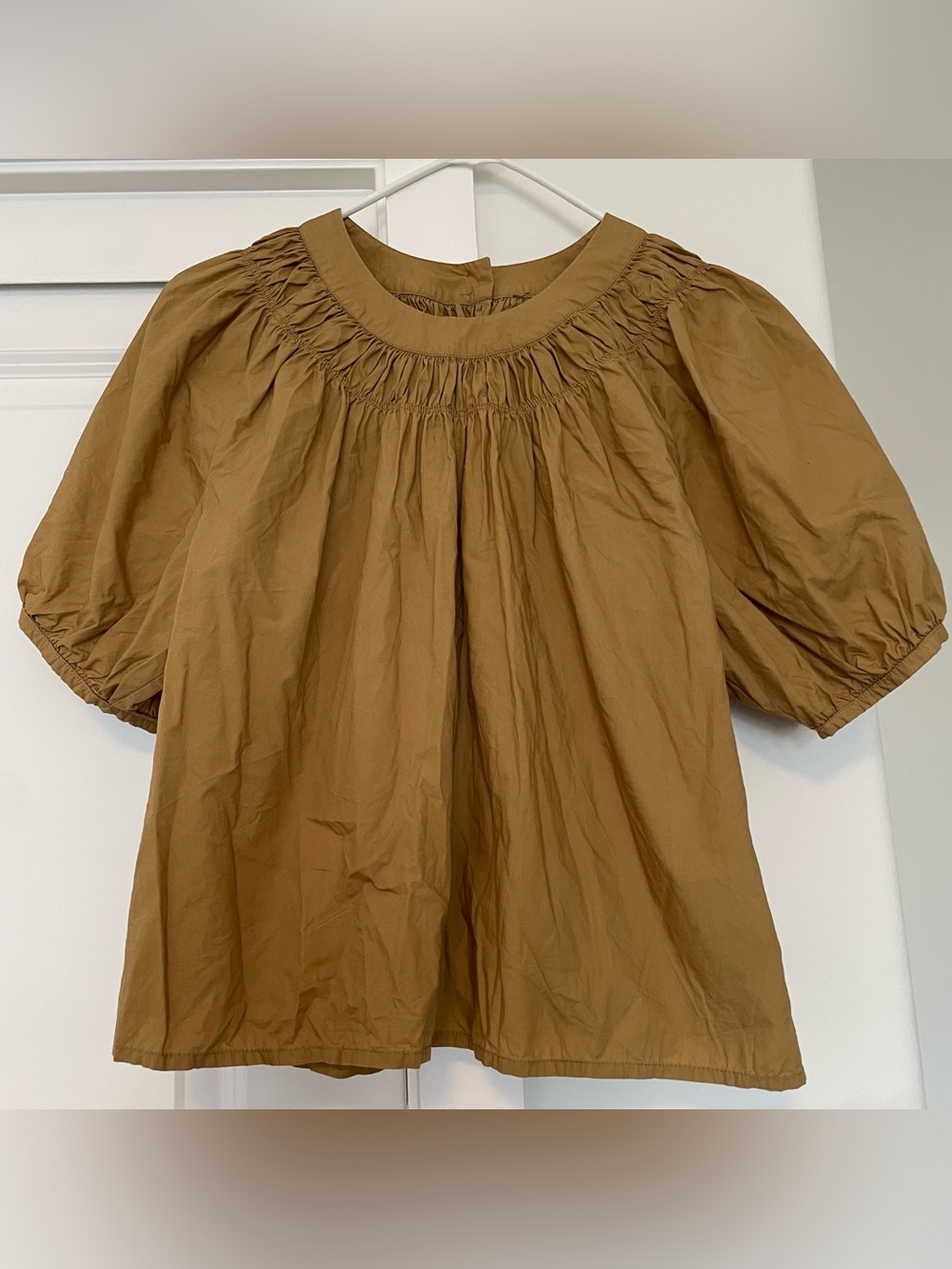 Smocked Puff Sleeve Top in Warm Camel 100% Cotton Lightweight
